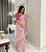ready to wear fancy jimmy chu embroidery work saree with stitched embroidery work blouse