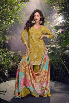 Olive green embroidered chiffon free size stitched straight palazzo.(Size Free size full stitched Up To 42) 1