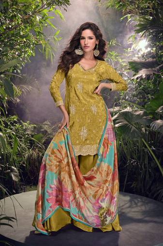 Olive green embroidered chiffon free size stitched straight palazzo.(Size Free size full stitched Up To 42)