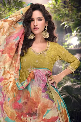 Olive green embroidered chiffon free size stitched straight palazzo.(Size Free size full stitched Up To 42)
