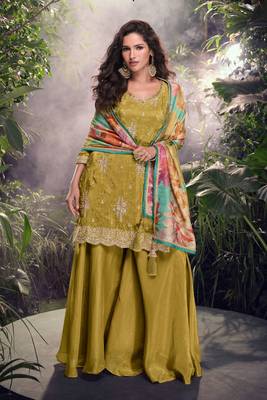 Olive green embroidered chiffon free size stitched straight palazzo.(Size Free size full stitched Up To 42) 3