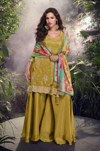 Olive green embroidered chiffon free size stitched straight palazzo.(Size Free size full stitched Up To 42)