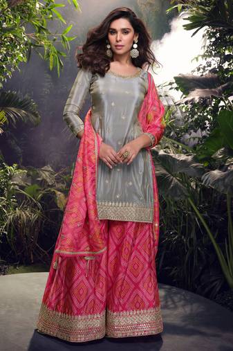Grey embroidered chiffon free size stitched straight palazzo.(Size Free size full stitched Up To 42")