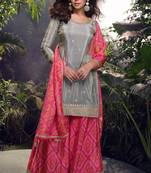 Grey embroidered chiffon free size stitched straight palazzo.(Size Free size full stitched Up To 42")