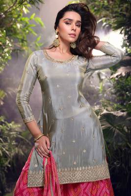 Grey embroidered chiffon free size stitched straight palazzo.(Size Free size full stitched Up To 42") 2