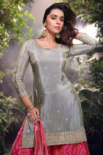 Grey embroidered chiffon free size stitched straight palazzo.(Size Free size full stitched Up To 42")