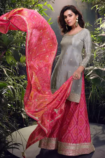 Grey embroidered chiffon free size stitched straight palazzo.(Size Free size full stitched Up To 42")