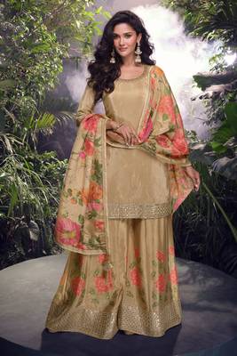 Fawn embroidered chiffon free size stitched straight palazzo.(size Free size full stitched Up To 42") 1