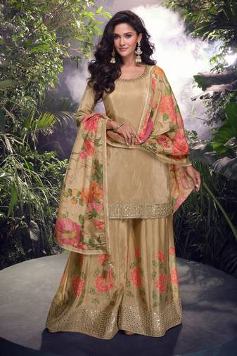 Fawn embroidered chiffon free size stitched straight palazzo.(size Free size full stitched Up To 42")