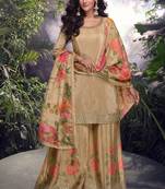 Fawn embroidered chiffon free size stitched straight palazzo.(size Free size full stitched Up To 42")