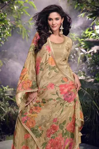 Fawn embroidered chiffon free size stitched straight palazzo.(size Free size full stitched Up To 42")