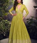 yellow embroidered jacquard free size stitched straight gown.(size Free size full stitched Up To 42")