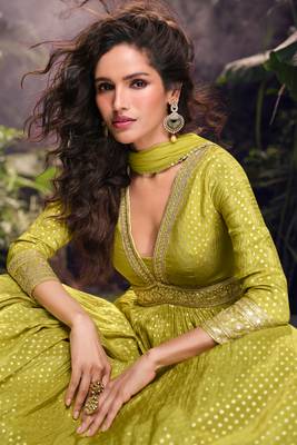 yellow embroidered jacquard free size stitched straight gown.(size Free size full stitched Up To 42") 2