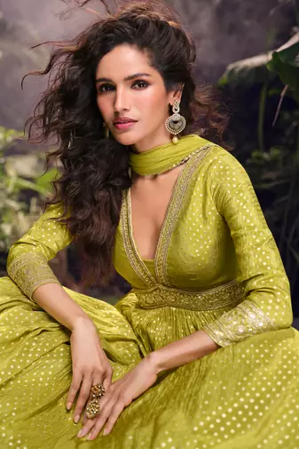 yellow embroidered jacquard free size stitched straight gown.(size Free size full stitched Up To 42")