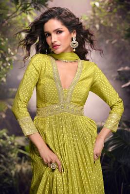 yellow embroidered jacquard free size stitched straight gown.(size Free size full stitched Up To 42") 3