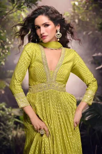 yellow embroidered jacquard free size stitched straight gown.(size Free size full stitched Up To 42")
