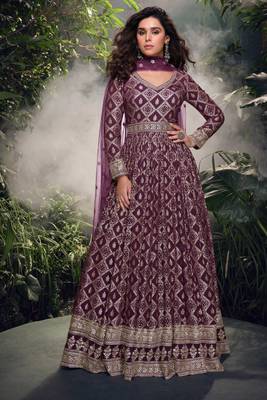 wine embroidered jacquard free size stitched straight gown.(size Free size full stitched Up To 42") 1