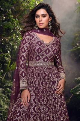 wine embroidered jacquard free size stitched straight gown.(size Free size full stitched Up To 42") 2