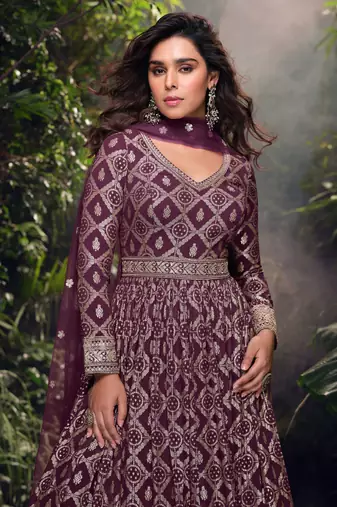 wine embroidered jacquard free size stitched straight gown.(size Free size full stitched Up To 42")