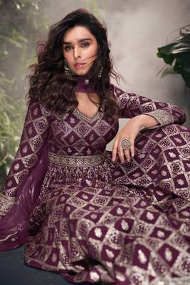 wine embroidered jacquard free size stitched straight gown.(size Free size full stitched Up To 42") 3