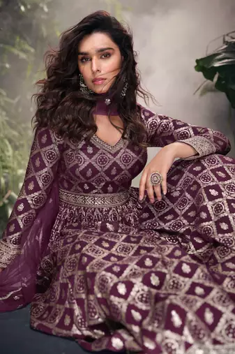 wine embroidered jacquard free size stitched straight gown.(size Free size full stitched Up To 42")