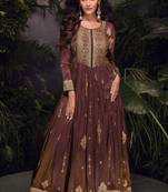 brown & purple embroidered jacquard free size stitched straight gown.(size Free size full stitched Up To 42")