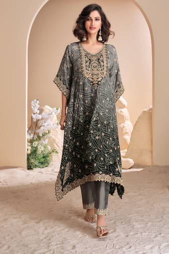 black & grey embroidered silk  free size stitched dhoti kaftan.(size Free size full stitched Up To 42")