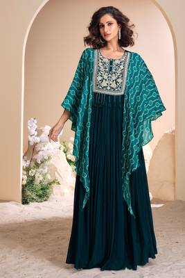 Teal blue embroidered chiffon free size stitched gown.(size Free size full stitched Up To 42") 1