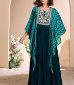Teal blue embroidered chiffon free size stitched gown.(size Free size full stitched Up To 42")