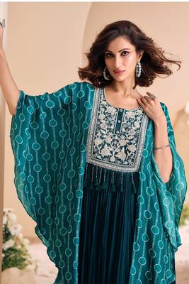 Teal blue embroidered chiffon free size stitched gown.(size Free size full stitched Up To 42") 3