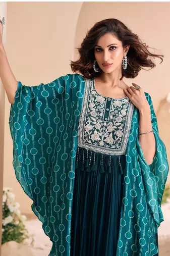 Teal blue embroidered chiffon free size stitched gown.(size Free size full stitched Up To 42")