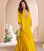 Mustard embroidered chiffon  free size stitched gown.(size Free size full stitched Up To 42")