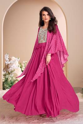 Pink embroidered chiffon free size stitched gown.(size Free size full stitched Up To 42") 1