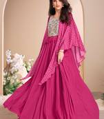 Pink embroidered chiffon free size stitched gown.(size Free size full stitched Up To 42")