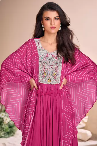 Pink embroidered chiffon free size stitched gown.(size Free size full stitched Up To 42")