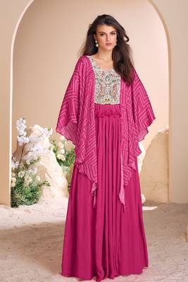 Pink embroidered chiffon free size stitched gown.(size Free size full stitched Up To 42") 3