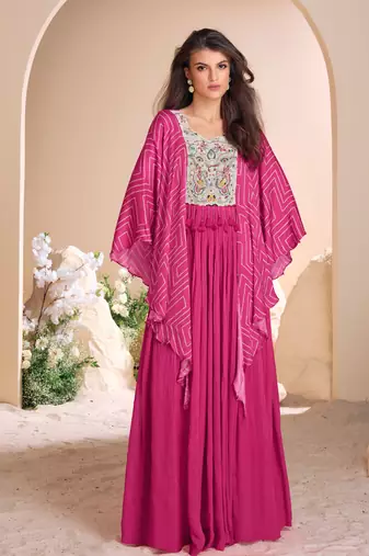 Pink embroidered chiffon free size stitched gown.(size Free size full stitched Up To 42")