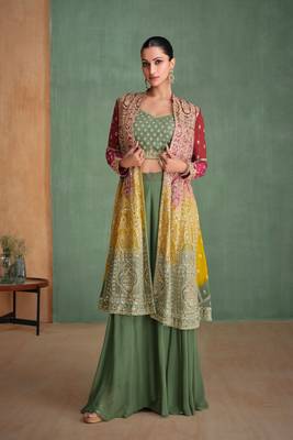 green embroidered georgette  free size stitched blouse palazzo.(size Free size full stitched Up To 42") 1