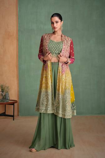 green embroidered georgette  free size stitched blouse palazzo.(size Free size full stitched Up To 42")