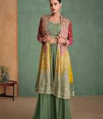 green embroidered georgette  free size stitched blouse palazzo.(size Free size full stitched Up To 42")