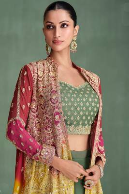 green embroidered georgette  free size stitched blouse palazzo.(size Free size full stitched Up To 42") 2