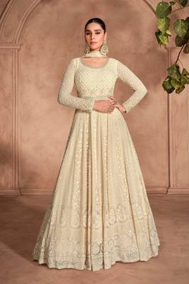 beige embroidered georgette  free size stitched gawn.(size Free size full stitched Up To 42") 1