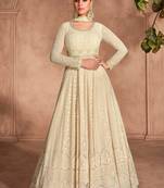 beige embroidered georgette  free size stitched gawn.(size Free size full stitched Up To 42")