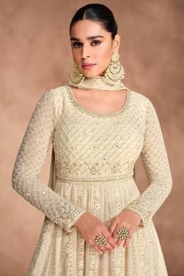 beige embroidered georgette  free size stitched gawn.(size Free size full stitched Up To 42") 2