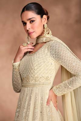 beige embroidered georgette  free size stitched gawn.(size Free size full stitched Up To 42") 3