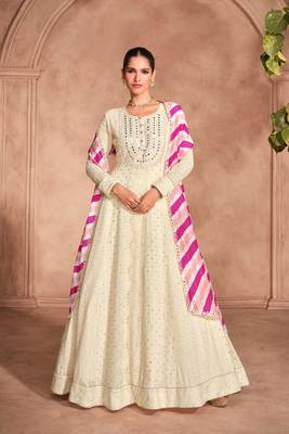 beige embroidered georgette free size stitched gawn.(size Free size full stitched Up To 42") 1