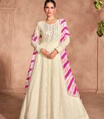 beige embroidered georgette free size stitched gawn.(size Free size full stitched Up To 42")