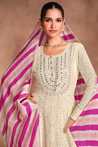 beige embroidered georgette free size stitched gawn.(size Free size full stitched Up To 42")