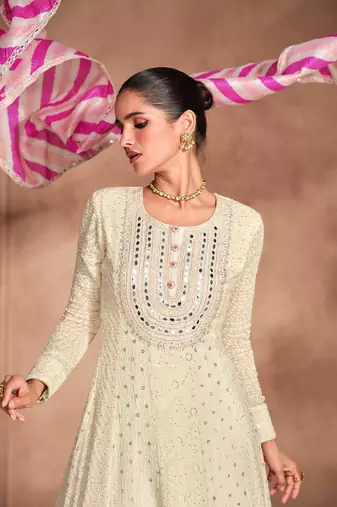beige embroidered georgette free size stitched gawn.(size Free size full stitched Up To 42")