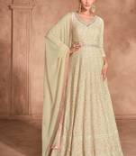 beige embroidered georgette  free size stitched gawn.(size Free size full stitched Up To 42")
